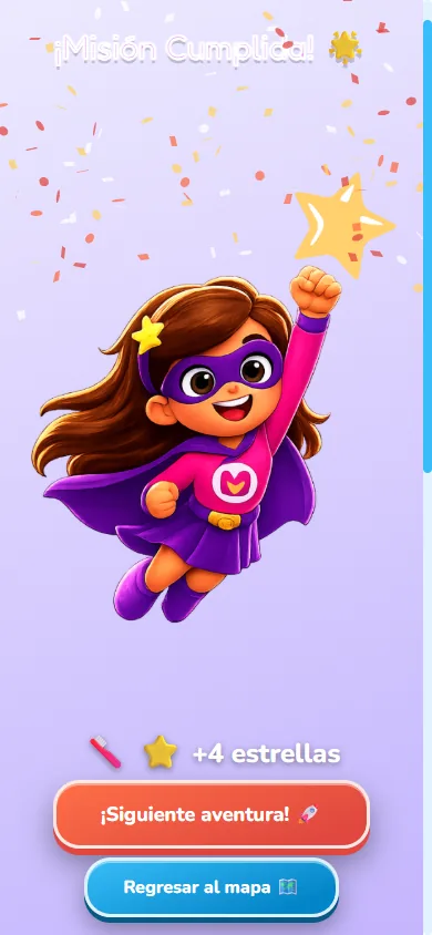 Pantalla de celebración con una superheroína y estrellas