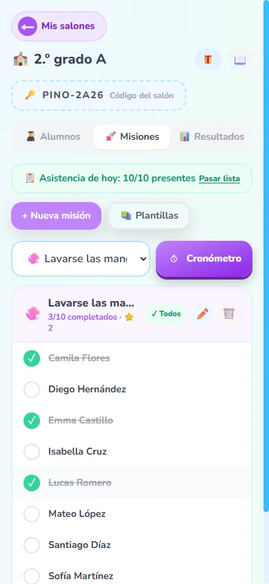 Checklist de una misión con alumnos marcados