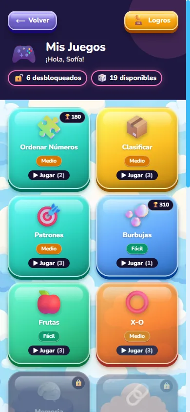 Pantalla Mis juegos con juegos desbloqueados