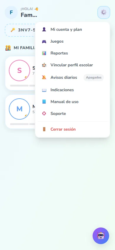 Menú de ajustes abierto