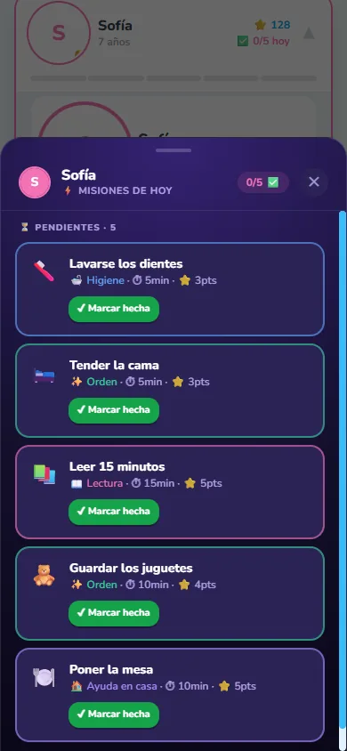 Lista de misiones de hoy con el botón Marcar hecha